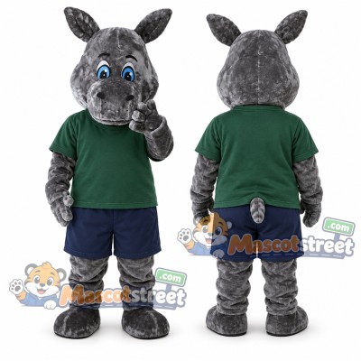 Gray Rhinoceros Mascot Costume with Green Shirt and Navy Shorts Gray Rhinoceros Mascot Costume with Green Shirt and Navy Shorts