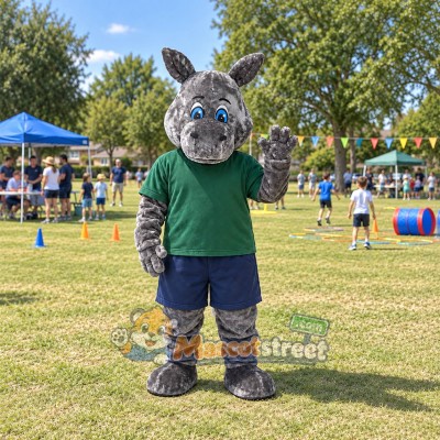 Gray Rhinoceros Mascot Costume with Green Shirt and Navy Shorts Gray Rhinoceros Mascot Costume with Green Shirt and Navy Shorts