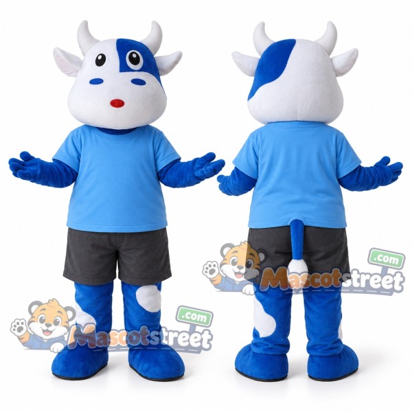 Blue and White Cow Mascot Costume with Blue Shirt and Gray Shorts