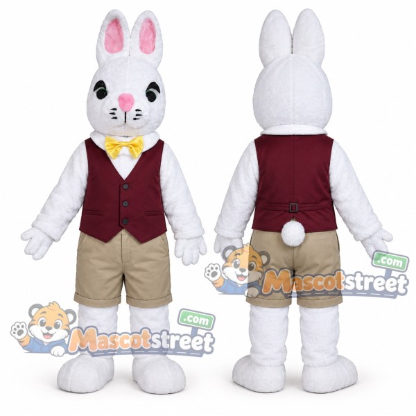 White Rabbit Mascot Costume with Burgundy Vest and Beige Shorts