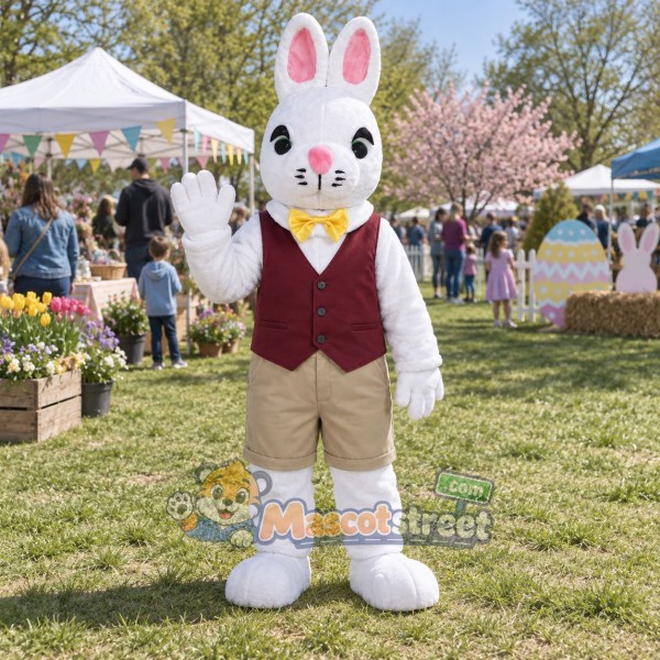 White Rabbit Mascot Costume with Burgundy Vest and Beige Shorts