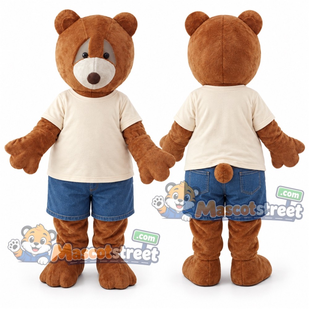 Brown Bear Mascot Costume with Cream Shirt and Blue Shorts Brown Bear Mascot Costume with Cream Shirt and Blue Shorts