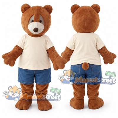 Brown Bear Mascot Costume with Cream Shirt and Blue Shorts Brown Bear Mascot Costume with Cream Shirt and Blue Shorts