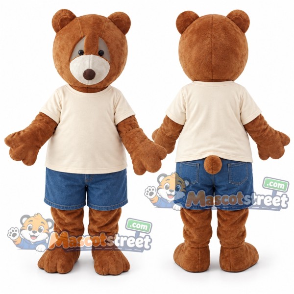 Brown Bear Mascot Costume with Cream Shirt and Blue Shorts