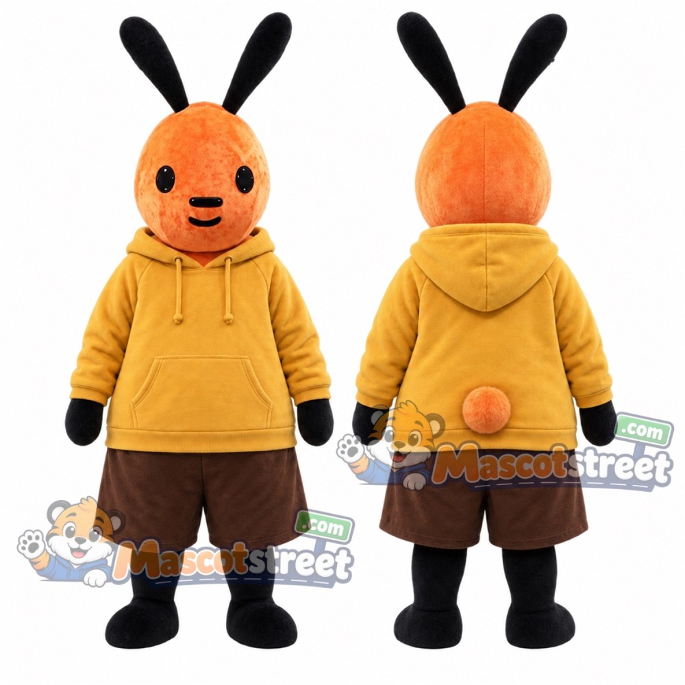 Orange Rabbit Mascot Costume with Yellow Hoodie and Brown Shorts