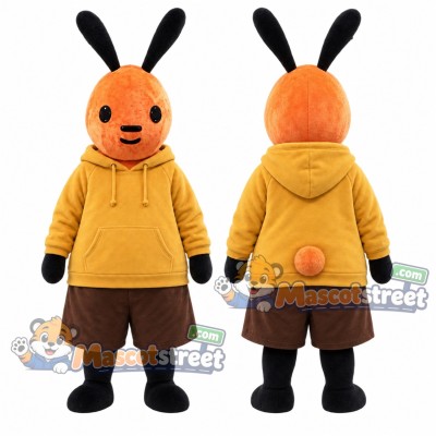 Orange Rabbit Mascot Costume with Yellow Hoodie and Brown Shorts