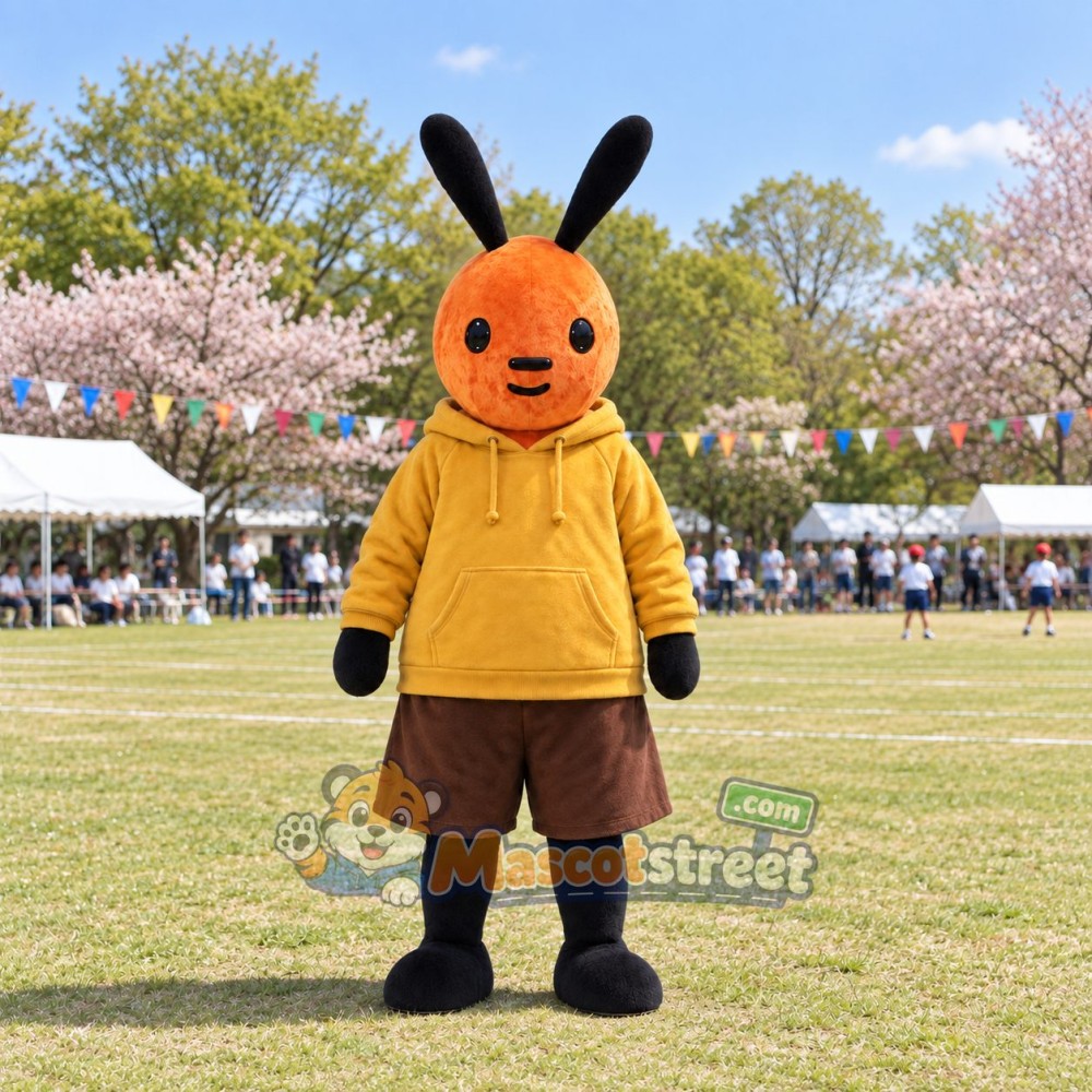 Orange Rabbit Mascot Costume with Yellow Hoodie and Brown Shorts Orange Rabbit Mascot Costume with Yellow Hoodie and Brown Shorts