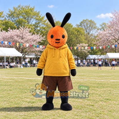 Orange Rabbit Mascot Costume with Yellow Hoodie and Brown Shorts Orange Rabbit Mascot Costume with Yellow Hoodie and Brown Shorts