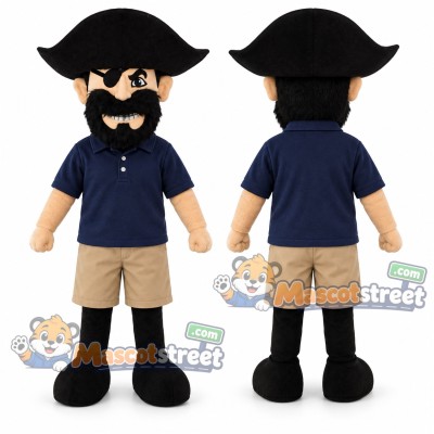 Bearded Pirate Mascot Costume with Navy Polo Shirt, Beige Shorts and Black Tricorn Hat Bearded Pirate Mascot Costume with Navy Polo Shirt, Beige Shorts and Black Tricorn Hat