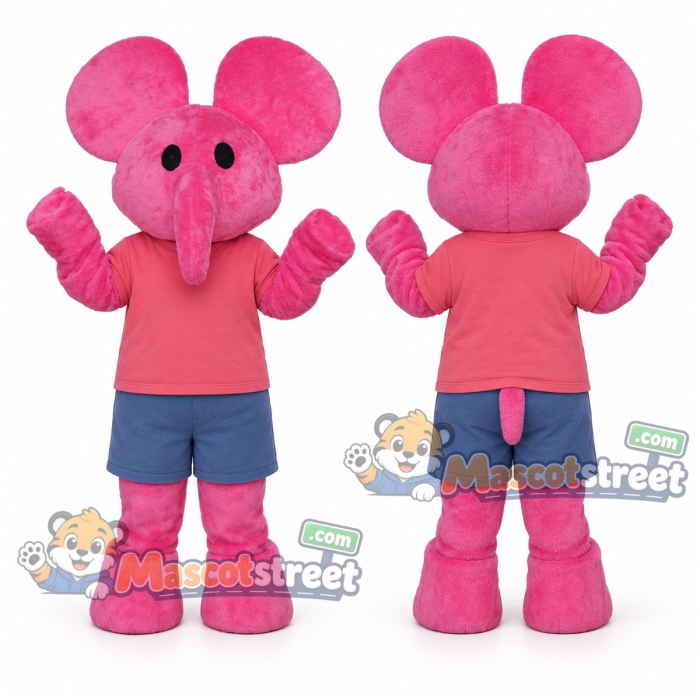 Pink Elephant Mascot Costume with Coral Shirt and Blue Shorts