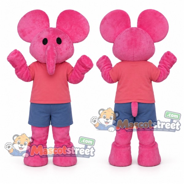 Pink Elephant Mascot Costume with Coral Shirt and Blue Shorts