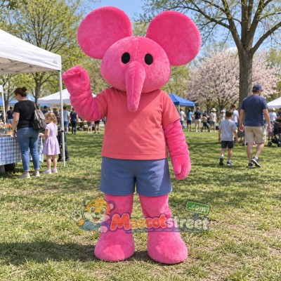 Pink Elephant Mascot Costume with Coral Shirt and Blue Shorts Pink Elephant Mascot Costume with Coral Shirt and Blue Shorts