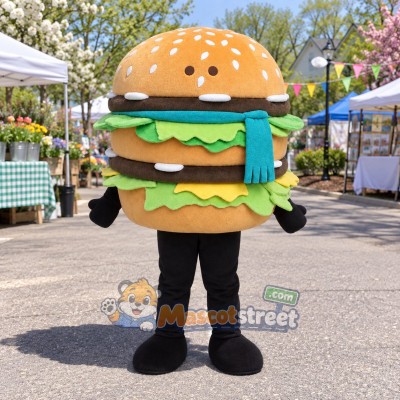 Hamburger Mascot Costume with Teal Scarf Hamburger Mascot Costume with Teal Scarf