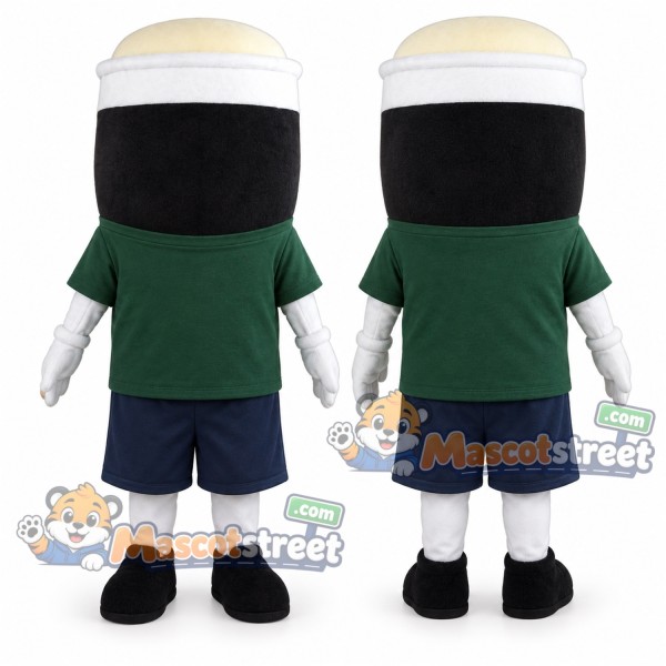 Black Drink Cup Mascot Costume with Green Shirt and Navy Shorts