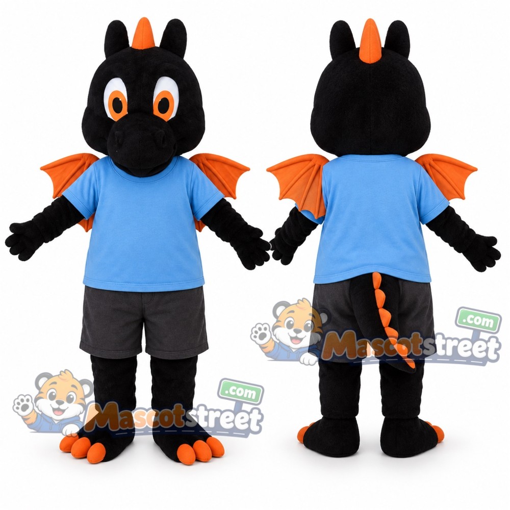 Black Dragon Mascot Costume with Blue Shirt and Gray Shorts Black Dragon Mascot Costume with Blue Shirt and Gray Shorts