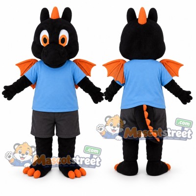 Black Dragon Mascot Costume with Blue Shirt and Gray Shorts Black Dragon Mascot Costume with Blue Shirt and Gray Shorts