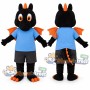 Black Dragon Mascot Costume with Blue Shirt and Gray Shorts