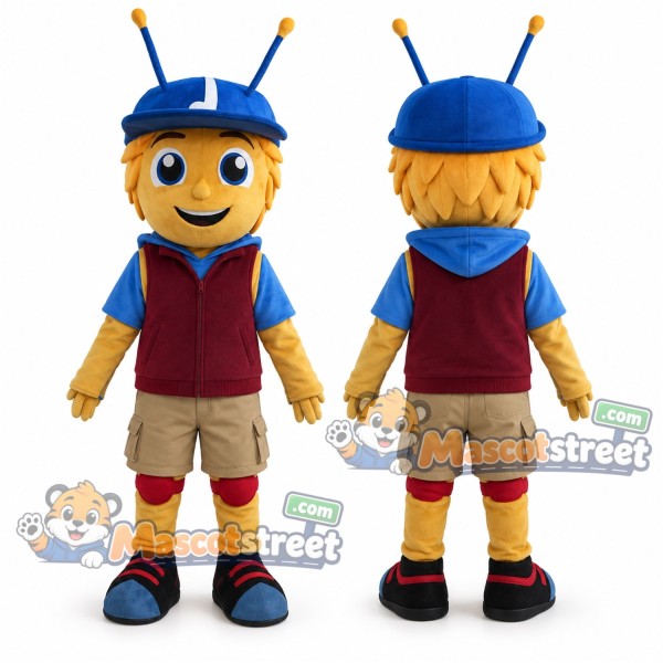 Yellow Ant Mascot Costume with Burgundy Vest, Beige Shorts and Blue Cap
