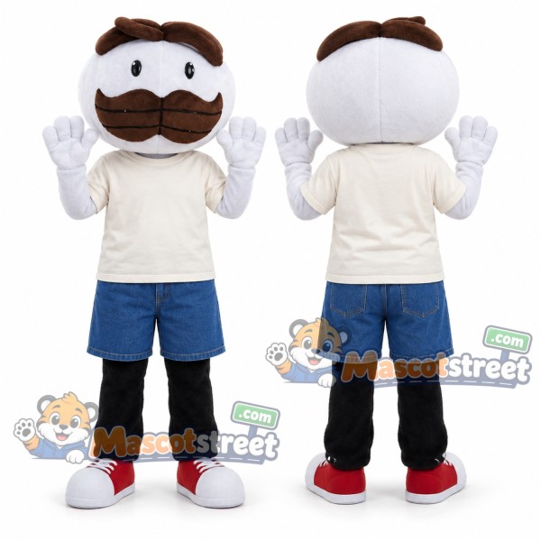 Mustached Man Mascot Costume with Cream Shirt, Blue Shorts and Blue Hat