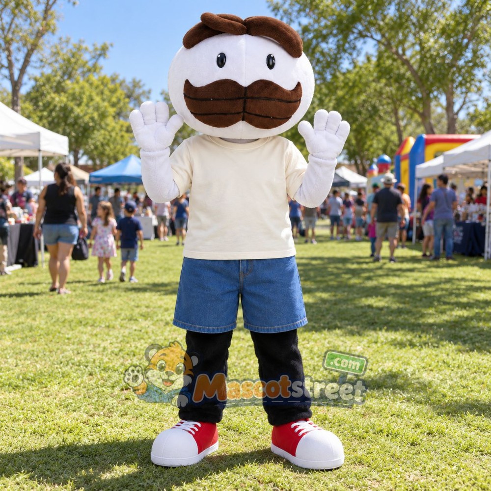 Mustached Man Mascot Costume with Cream Shirt, Blue Shorts and Blue Hat