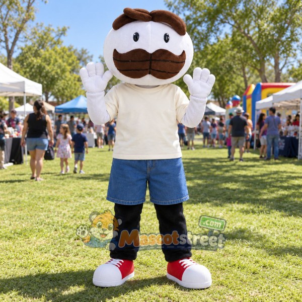Mustached Man Mascot Costume with Cream Shirt, Blue Shorts and Blue Hat Mustached Man Mascot Costume with Cream Shirt, Blue Shorts and Blue Hat