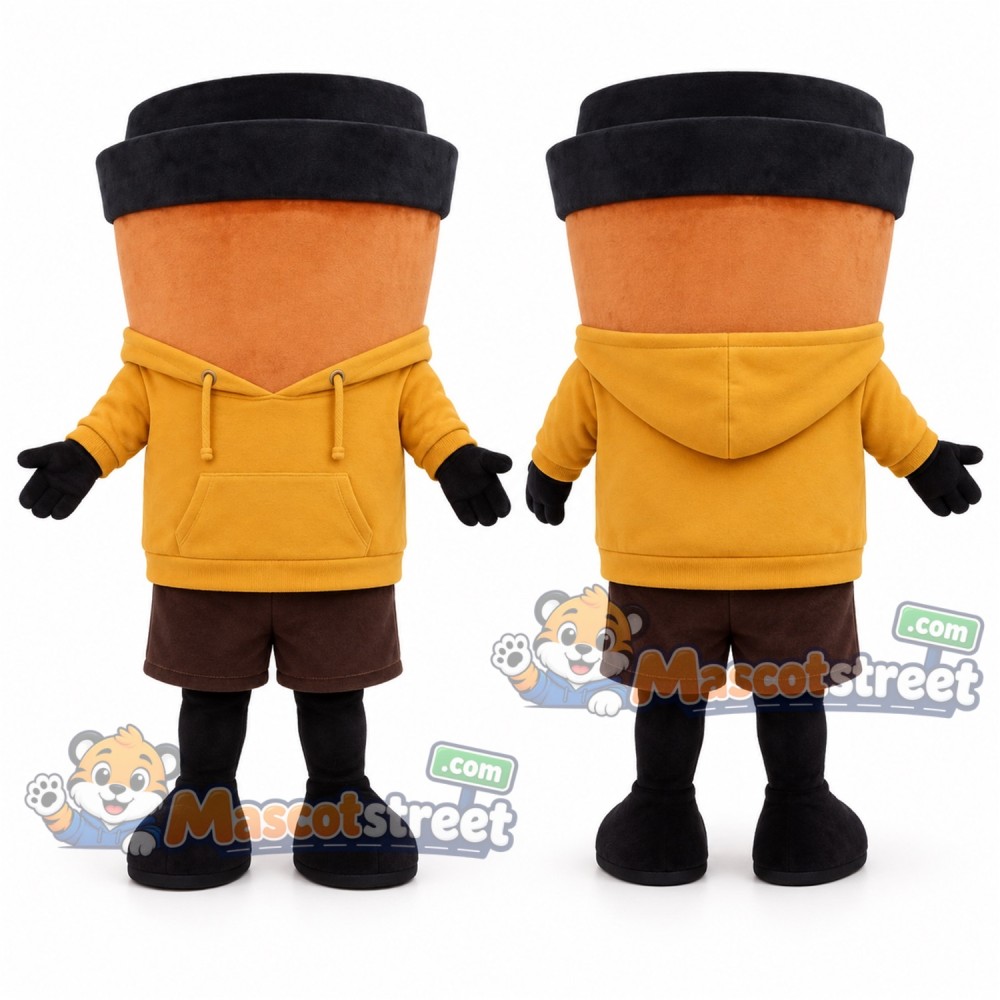 Orange Coffee Cup Mascot Costume with Yellow Hoodie and Brown Shorts Orange Coffee Cup Mascot Costume with Yellow Hoodie and Brown Shorts