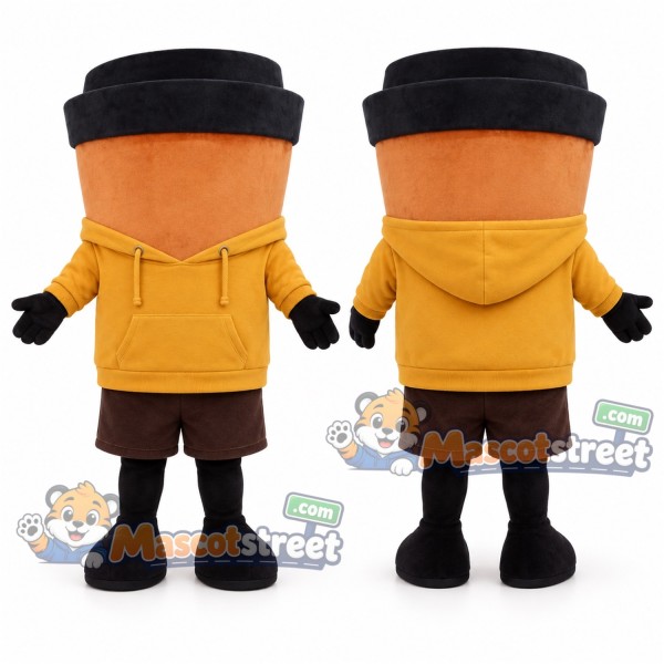 Orange Coffee Cup Mascot Costume with Yellow Hoodie and Brown Shorts