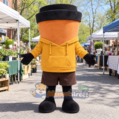 Orange Coffee Cup Mascot Costume with Yellow Hoodie and Brown Shorts