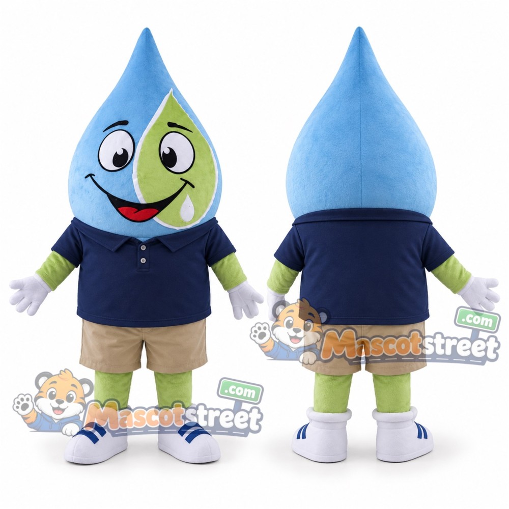 Blue Water Drop Mascot Costume with Navy Polo Shirt and Beige Shorts Blue Water Drop Mascot Costume with Navy Polo Shirt and Beige Shorts