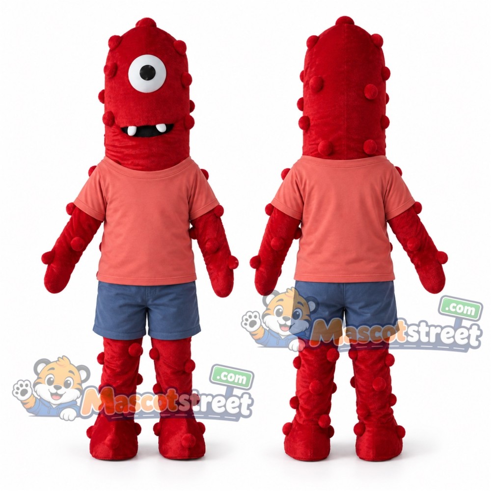 Red One Eyed Monster Mascot Costume with Coral Shirt and Blue Shorts
