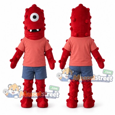Red One Eyed Monster Mascot Costume with Coral Shirt and Blue Shorts