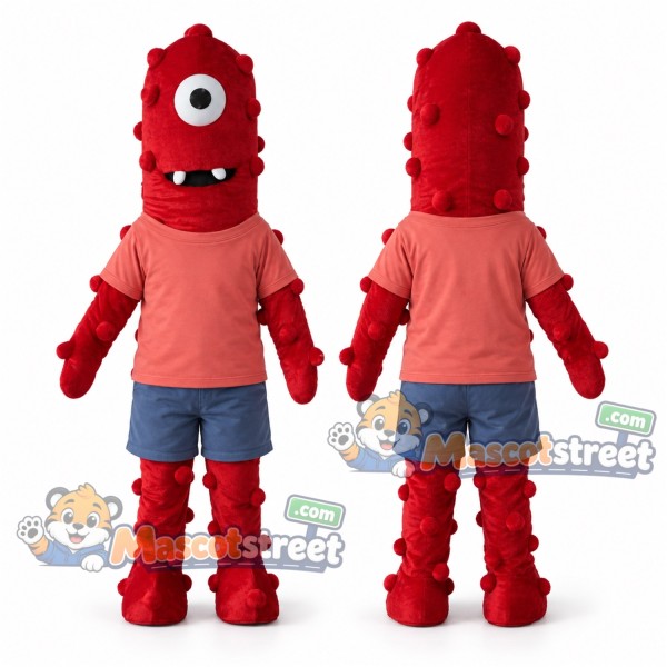 Red One Eyed Monster Mascot Costume with Coral Shirt and Blue Shorts