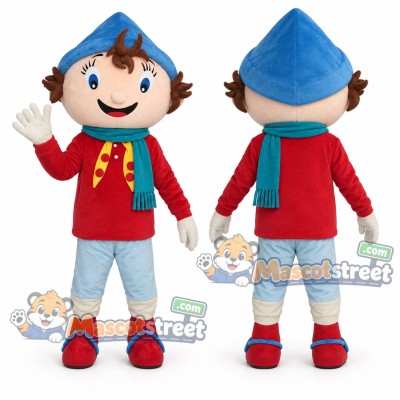 Elf Boy Mascot Costume with Red Jacket, Blue Pants, Blue Hat and Teal Scarf Elf Boy Mascot Costume with Red Jacket, Blue Pants, Blue Hat and Teal Scarf