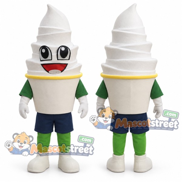 Vanilla Ice Cream Cone Mascot Costume with Green Sleeves and Navy Shorts