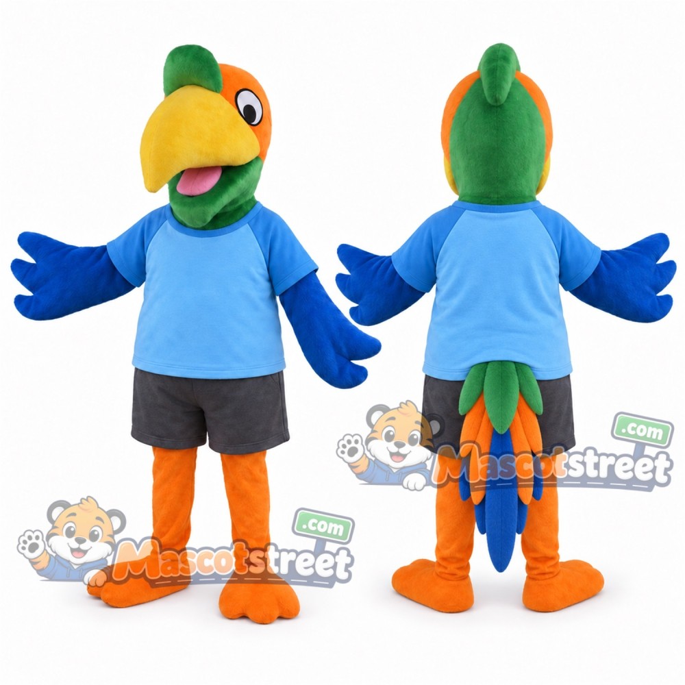Green Parrot Mascot Costume with Blue Shirt and Gray Shorts Green Parrot Mascot Costume with Blue Shirt and Gray Shorts