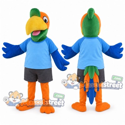 Green Parrot Mascot Costume with Blue Shirt and Gray Shorts Green Parrot Mascot Costume with Blue Shirt and Gray Shorts