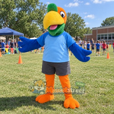 Green Parrot Mascot Costume with Blue Shirt and Gray Shorts
