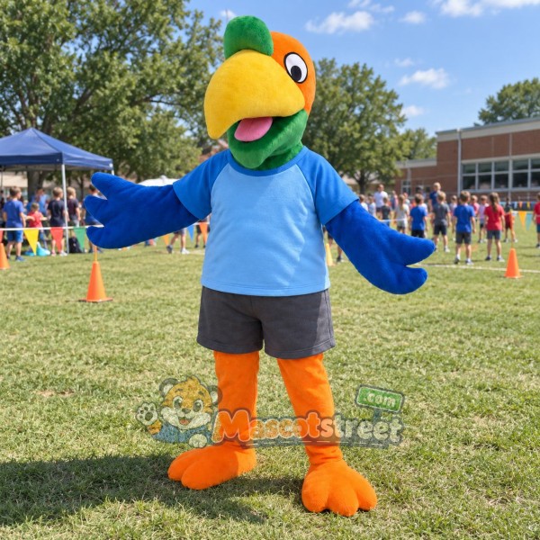 Green Parrot Mascot Costume with Blue Shirt and Gray Shorts Green Parrot Mascot Costume with Blue Shirt and Gray Shorts