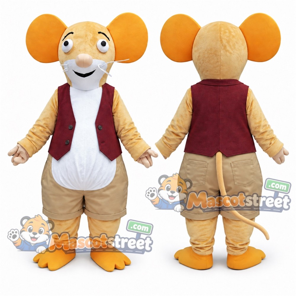 Tan Mouse Mascot Costume with Burgundy Vest and Beige Shorts Tan Mouse Mascot Costume with Burgundy Vest and Beige Shorts