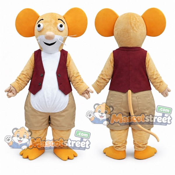 Tan Mouse Mascot Costume with Burgundy Vest and Beige Shorts