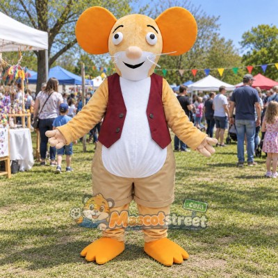Tan Mouse Mascot Costume with Burgundy Vest and Beige Shorts Tan Mouse Mascot Costume with Burgundy Vest and Beige Shorts