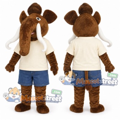 Brown Mammoth Mascot Costume with Cream Shirt and Blue Shorts Brown Mammoth Mascot Costume with Cream Shirt and Blue Shorts