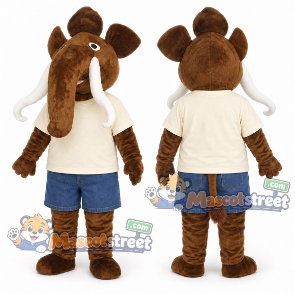 Brown Mammoth Mascot Costume with Cream Shirt and Blue Shorts