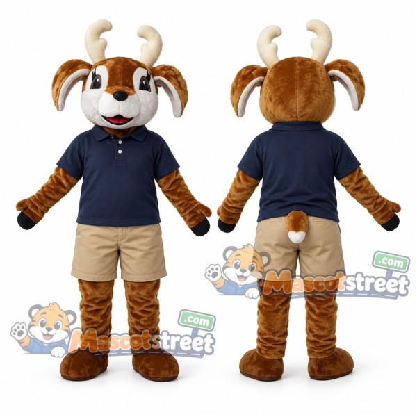 Brown Reindeer Mascot Costume with Navy Polo Shirt and Beige Shorts
