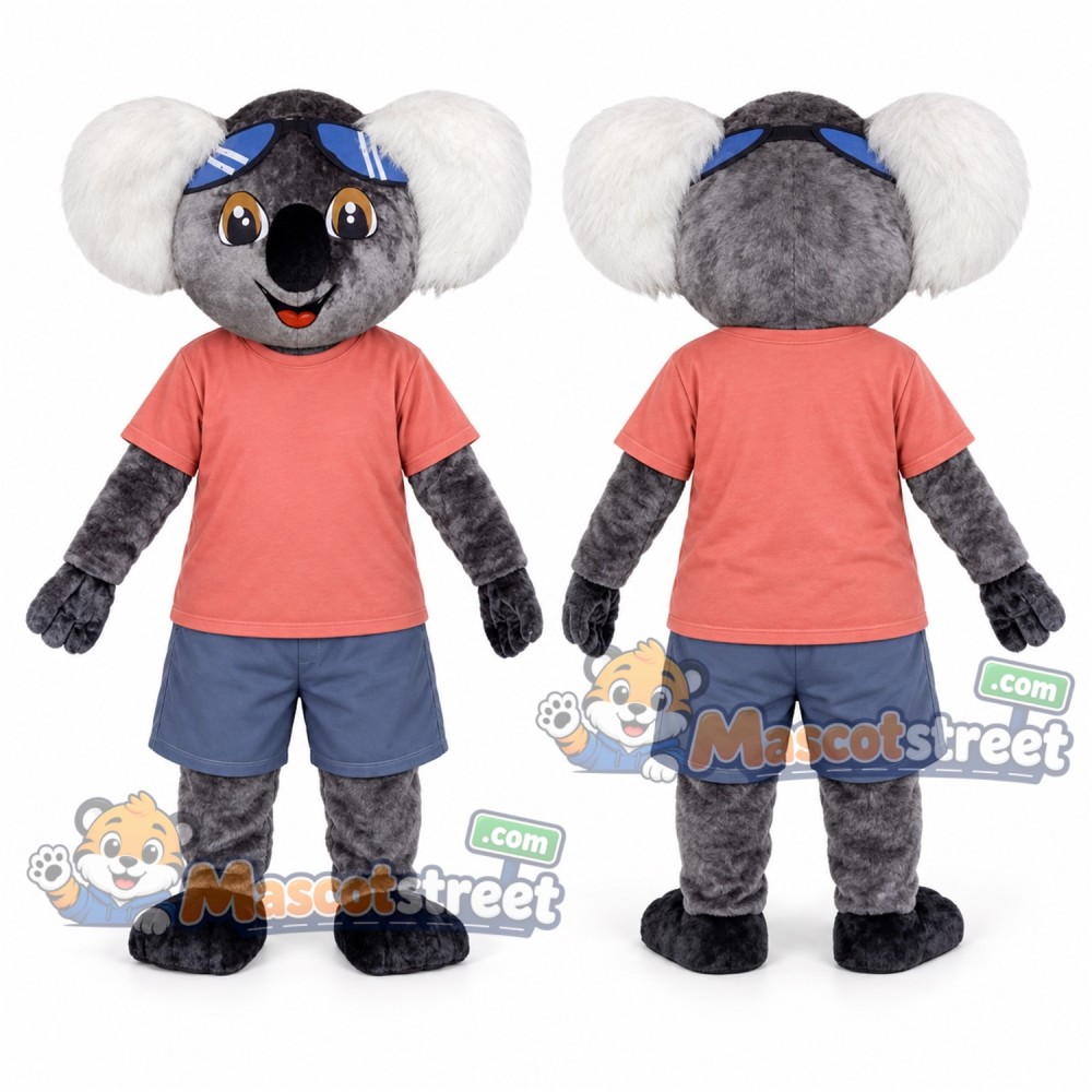 Gray Koala Mascot Costume with Coral Shirt and Blue Shorts
