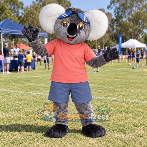 Gray Koala Mascot Costume with Coral Shirt and Blue Shorts