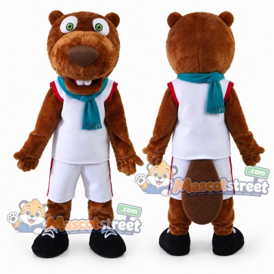 Brown Beaver Mascot Costume with White Basketball Uniform and Teal Scarf