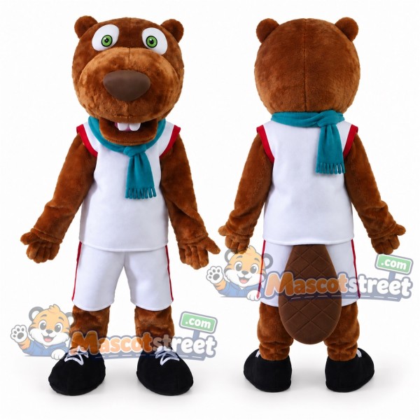 Brown Beaver Mascot Costume with White Basketball Uniform and Teal Scarf