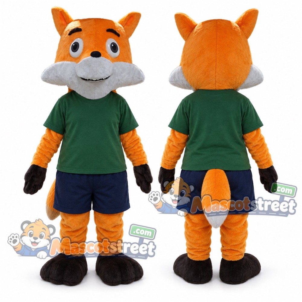 Orange Fox Mascot Costume with Green Shirt and Navy Shorts Orange Fox Mascot Costume with Green Shirt and Navy Shorts