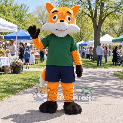 Orange Fox Mascot Costume with Green Shirt and Navy Shorts Orange Fox Mascot Costume with Green Shirt and Navy Shorts